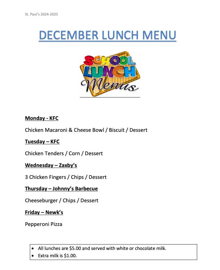 December Lunch Menu