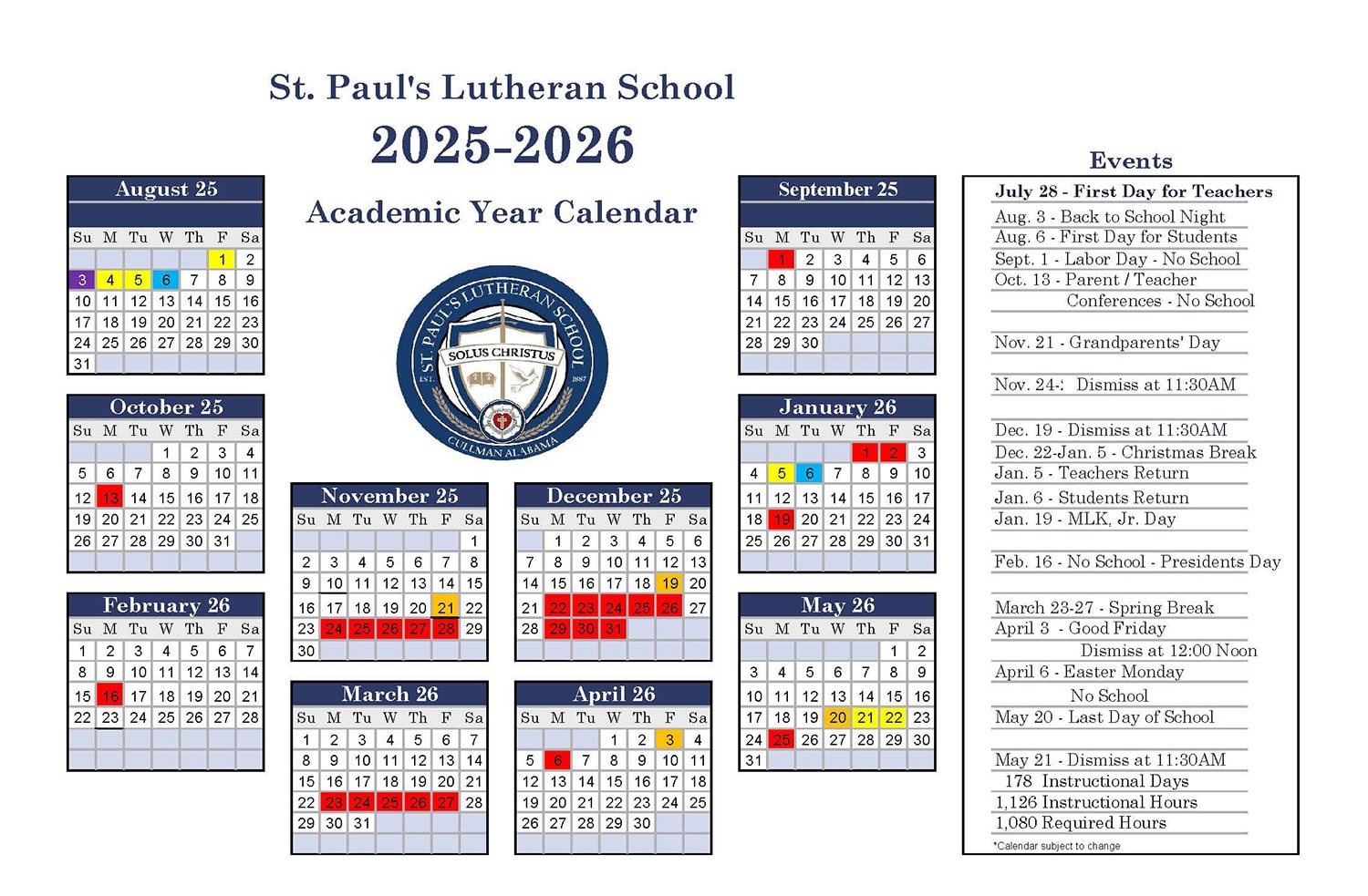 2025 – 2026 School Calendar