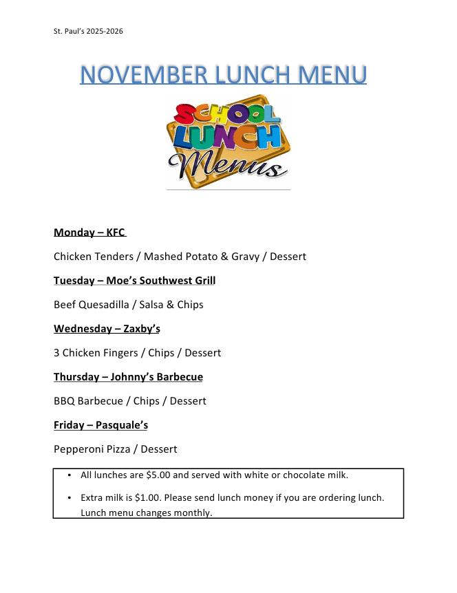 NOVEMBER LUNCH MENU 2025